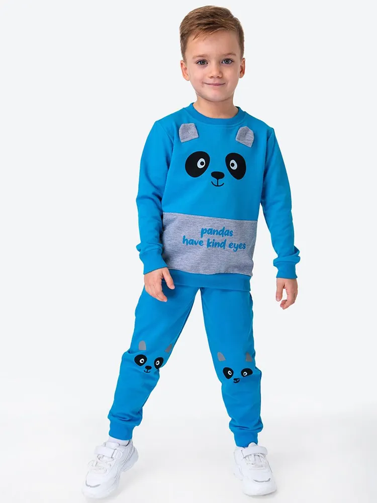 Комплект одежды Мальчики Happyfox Повседневный светло-серый, синий, размер 92, 98 Футер Бег, Велоспорт Однотонный, Логотип, рост 92-98 Манжеты Узбекистан Демисезон Без застежки