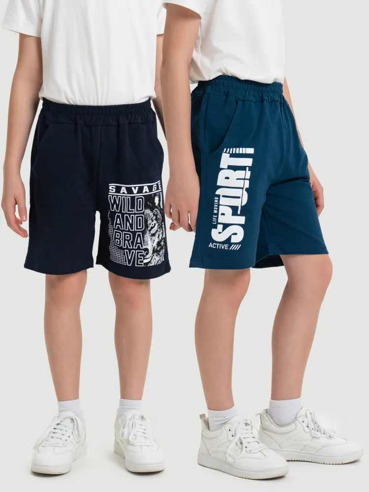 Шорты Мальчики Детский трикотаж RONDA Повседневный индиго, темно-синий, размер 134 Футер двухнитка, Хлопок Резинка Карманы свободный Анималистический, Надписи