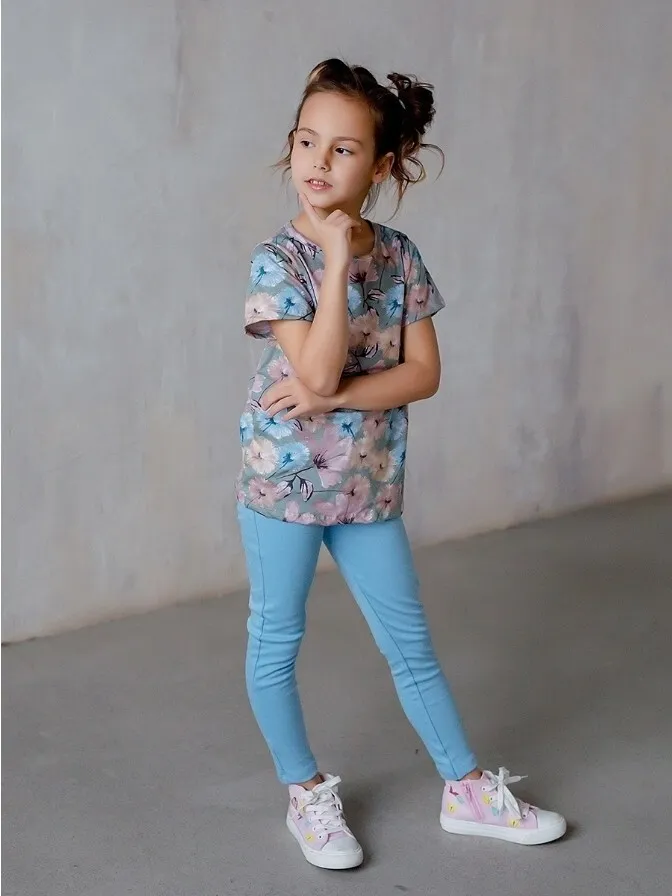 Костюм спортивный Девочки SOV Alina Повседневный с легинсами, двойка голубой, размер 128 Кулирная гладь, Интерлок Фитнес Цветочный, Разноцветный, рост 128 УФ-защита Россия На любой сезон Без застежки