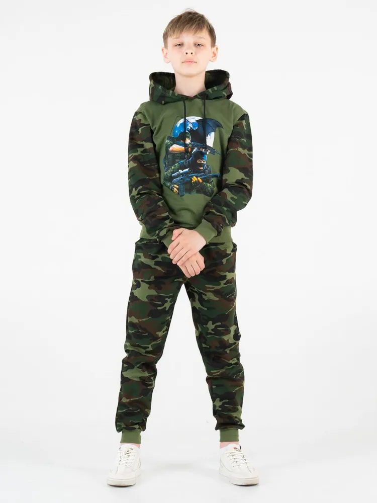 Комплект одежды Мальчики Виктория Ваганова Повседневный двойка, брючный темный хаки, размер 140 Футер двухнитка Камуфляж Капюшон, Карманы Узбекистан На любой сезон Без застежки