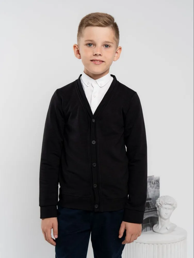 Кардиган Мальчики RUBYLOAN черный Хлопок, Полиэстер, размер 134, 140 Пуговицы Однотонный Россия