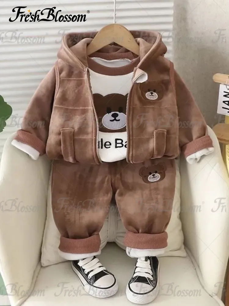Комплект одежды Мальчики Fresh Blossom Повседневный брючный, тройка коричневый, белый, размер 80 Хлопок, Флис Геометрический, рост 70 Вышивка, Капюшон Китай На любой сезон Молния