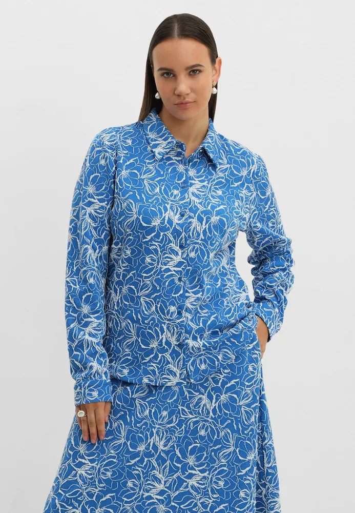 Блузка Женский Villosa голубой Полиэстер, Эластан Длинный Цветочный, размер 50, 52 прямой Пуговицы Турция Повседневный