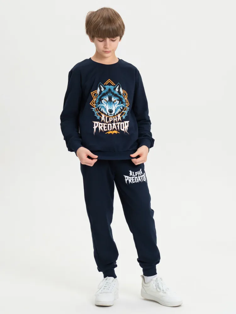 Комплект одежды Мальчики Виктория Ваганова Повседневный двойка темно-синий, размер 140 Футер двухнитка Анималистический Манжеты Узбекистан На любой сезон Без застежки, Резинка