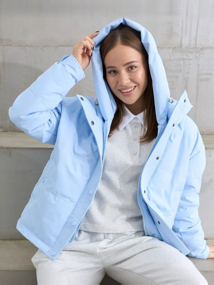 Куртка Женский Карманы, Капюшон голубой капюшон Хлопок, Полиэстер, размер 44, 46 Длинный трансформер Демисезон полуприталенный Холлофайбер Китай