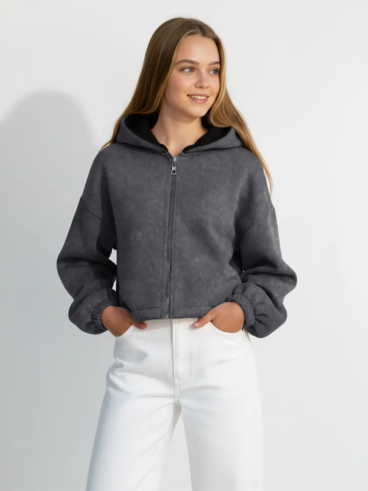 Толстовка Девочки RUMIA Капюшон, Карманы темно-серый Молния Полиэстер, Хлопок, размер 44, 46 оверсайз Длинный Однотонный Узбекистан с начесом