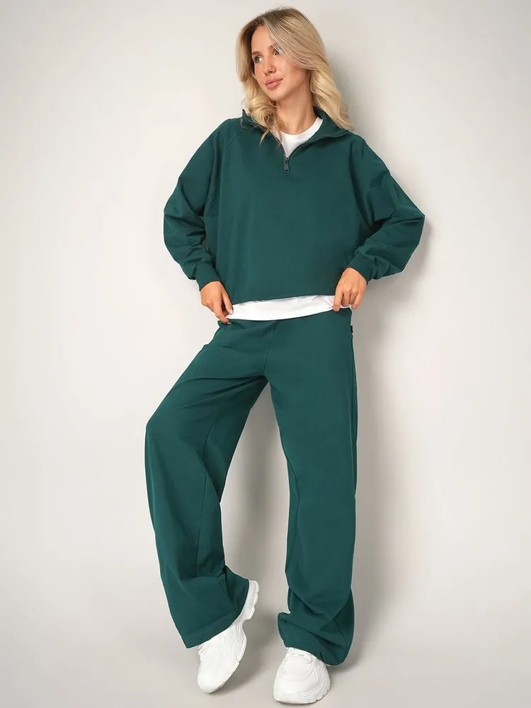 Комплект одежды Женский Happyfox Спортивный брючный морская волна, размер 50 Футер двухнитка Однотонный Молния Узбекистан Демисезон Молния