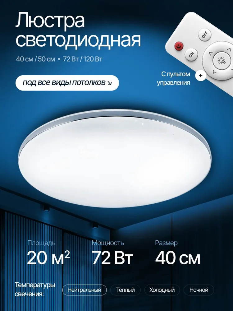 Люстра потолочная светодиодная 72 Вт, 40см с пультом