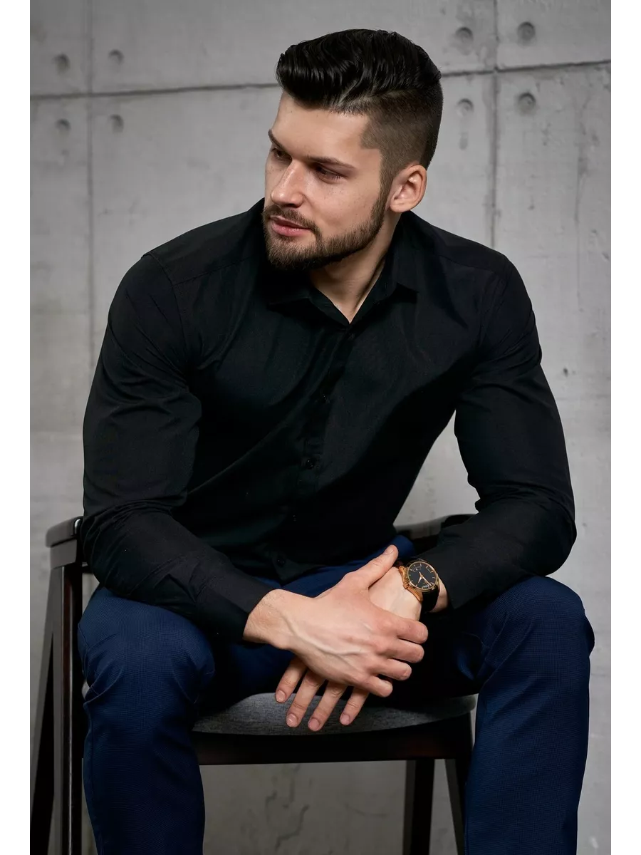 Рубашка черная классическая приталенная с длинным рукавом