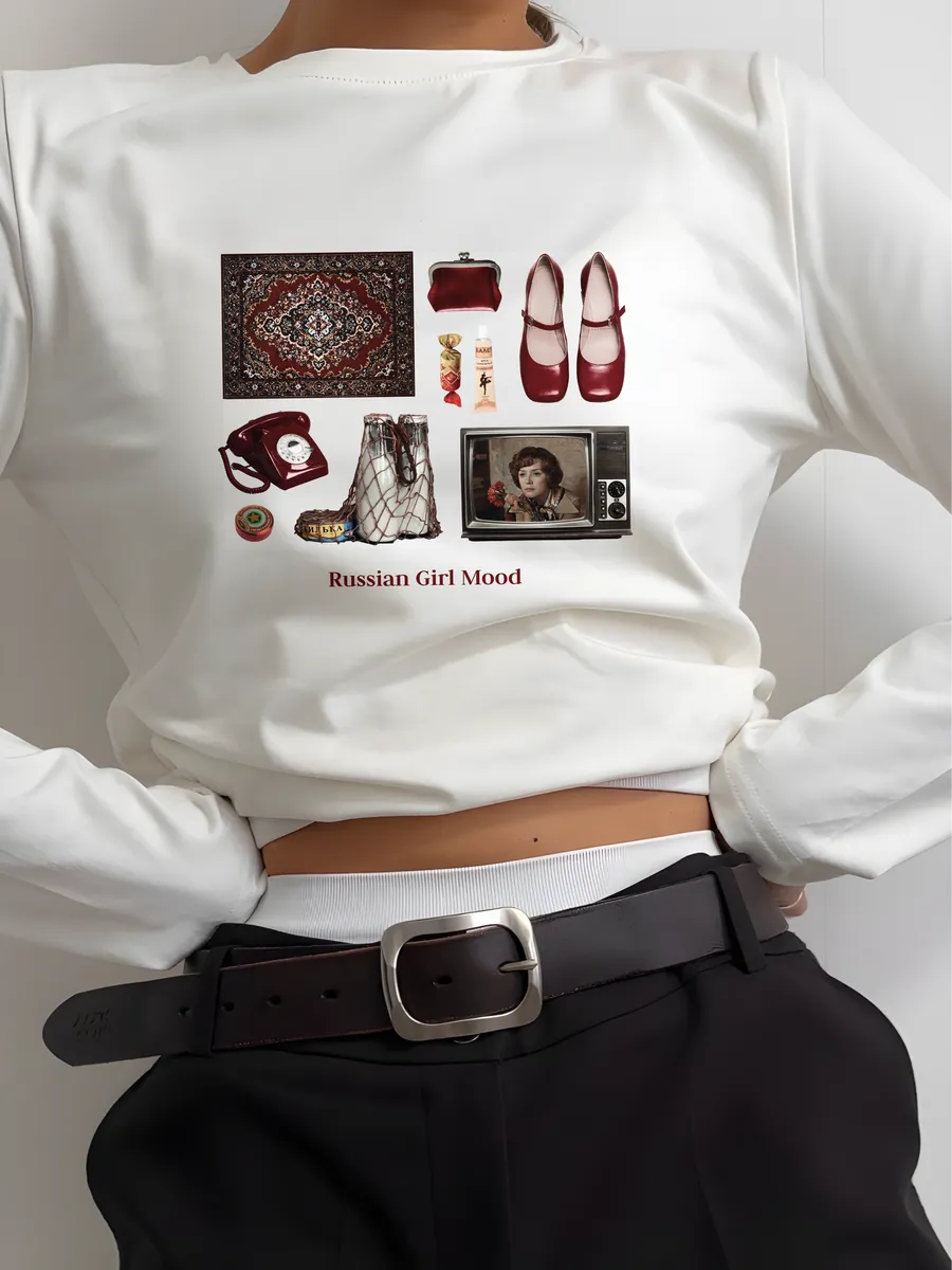 Лонгслив из хлопка однотонный базовый с принтом y2k