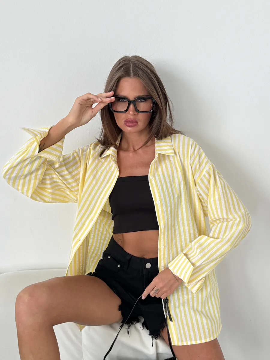 Летняя Рубашка в полоску желтая 100% хлопок