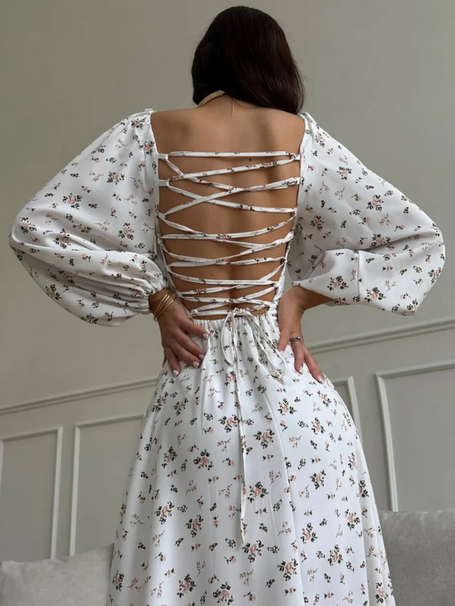 Платье нарядное летнее в цветочек с открытой спиной