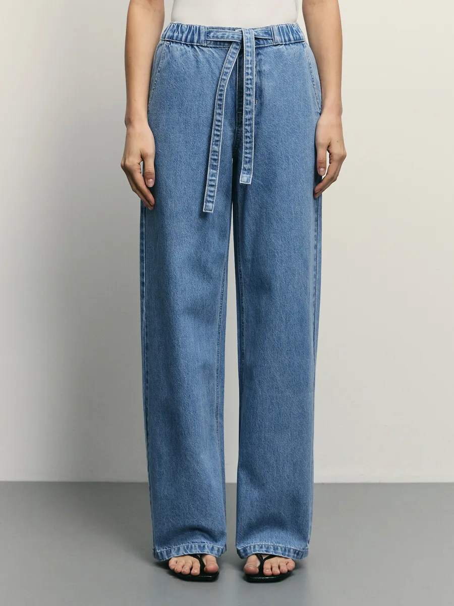 Джинсы широкие прямые на резинке с завязками