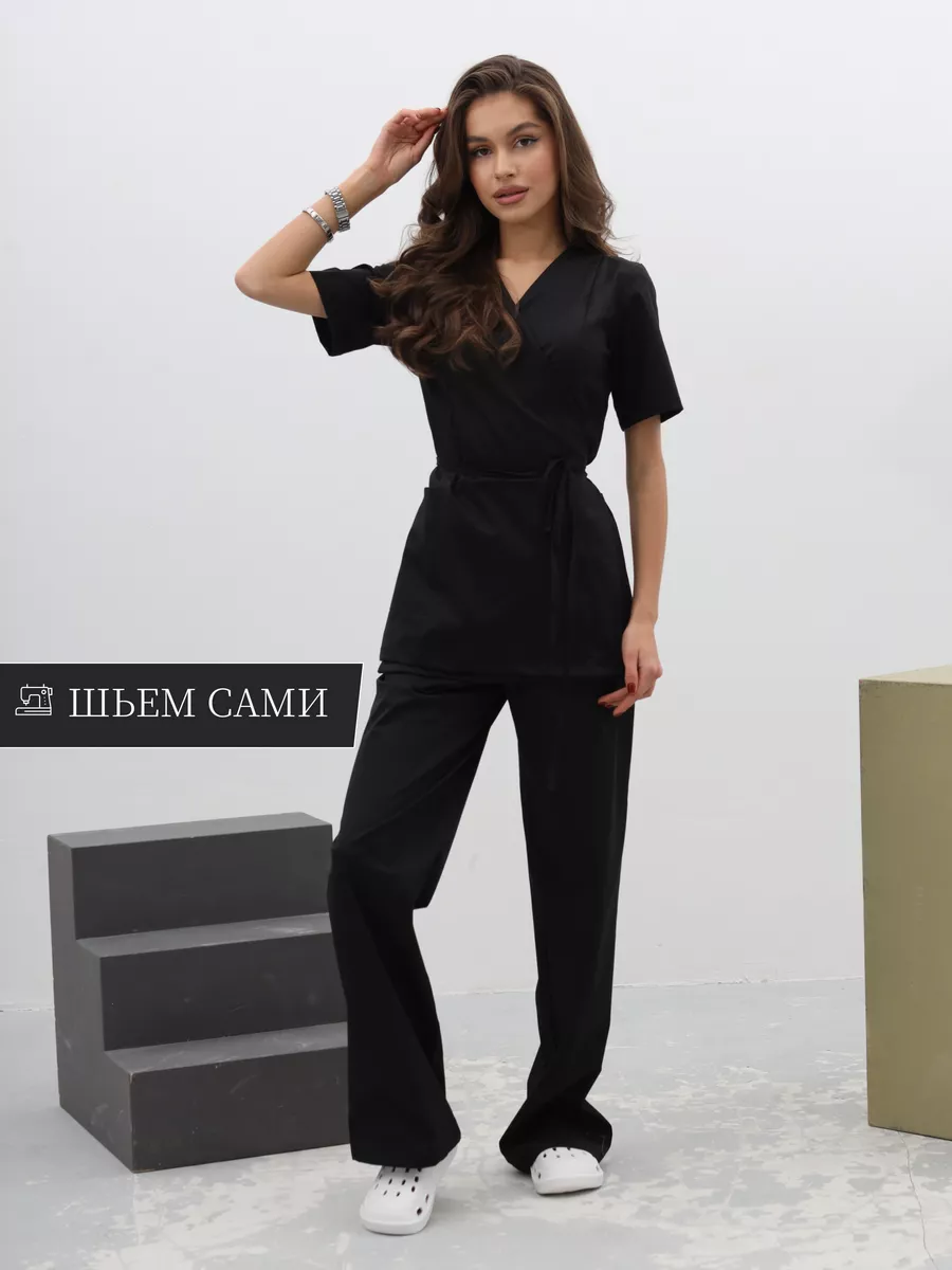 Медицинский костюм стрейч на запах с брюками палаццо