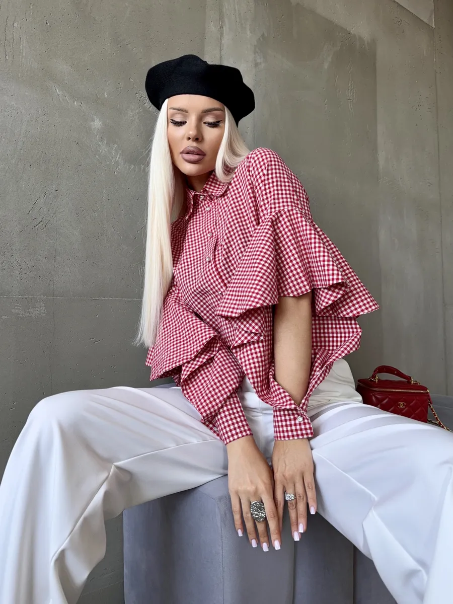 Рубашка оверсайз в клетку модная с рукавами