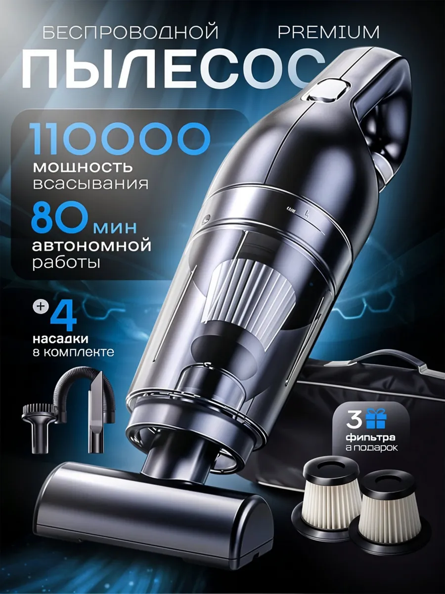 Пылесос для автомобиля беспроводной мощный с насадками