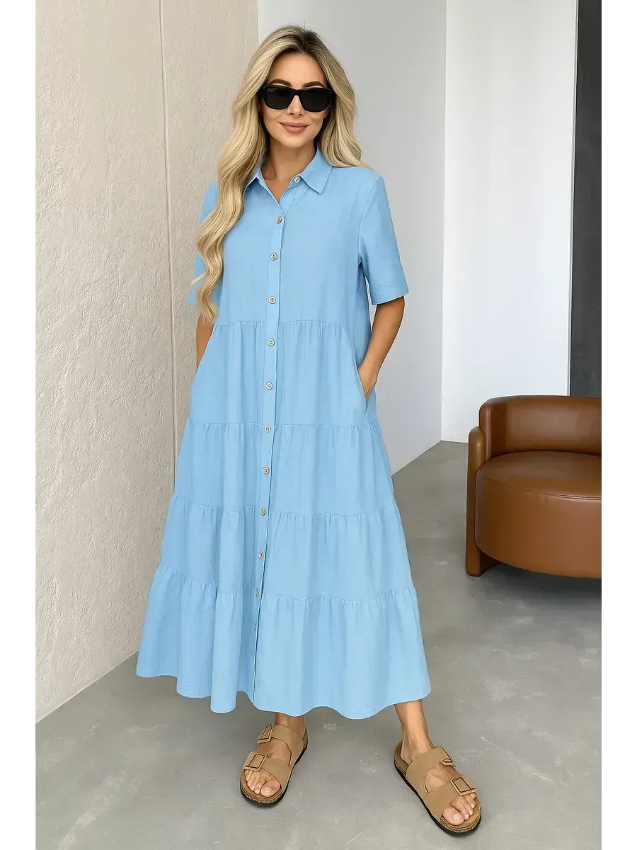 Льняное платье трапеция миди летнее