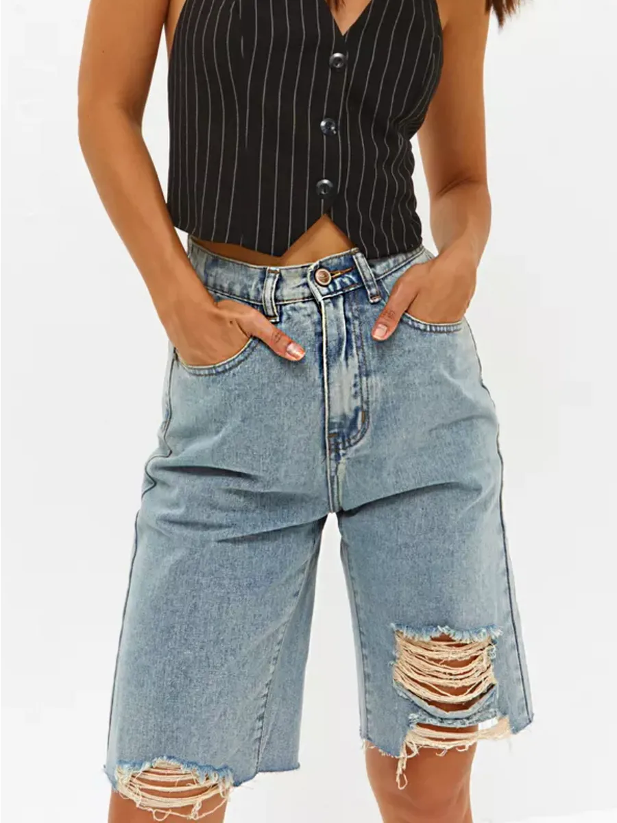 Шорты джинсовые бермуды на резинке рваные