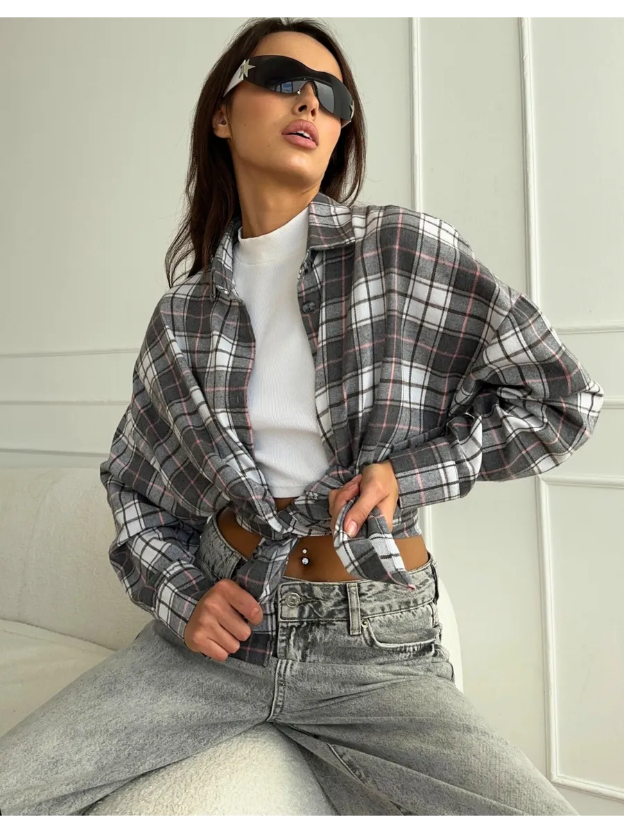 Рубашка в клетку оверсайз удлиненная тонкая