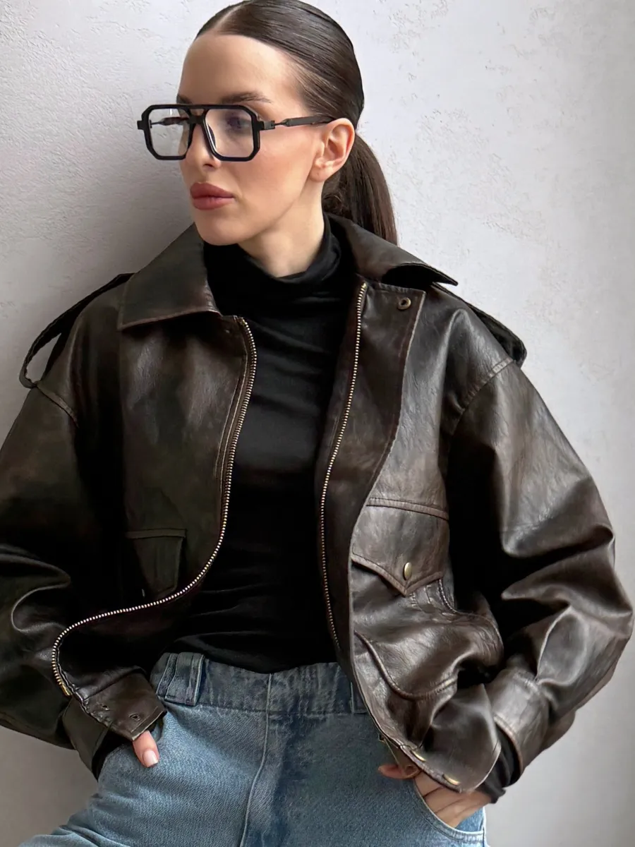 Бомбер кожаный куртка оверсайз