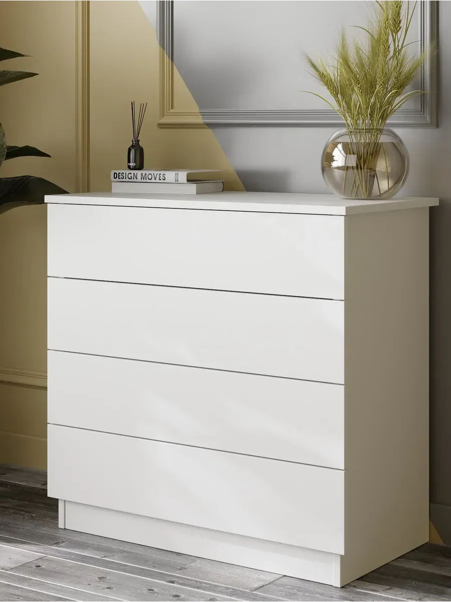 Комод для вещей белый деревянный с 4 ящиками узкий