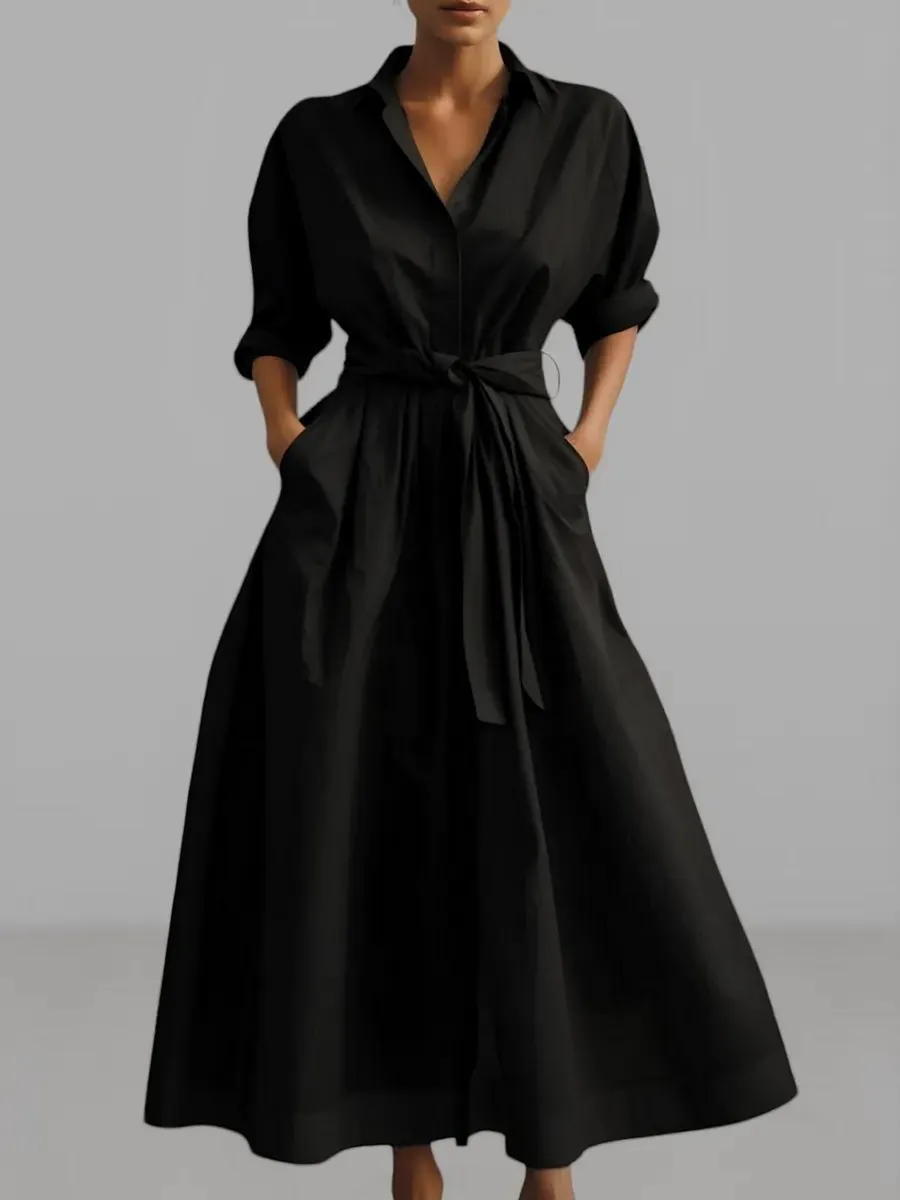 Платье рубашка длинное повседневное с рукавом и поясом