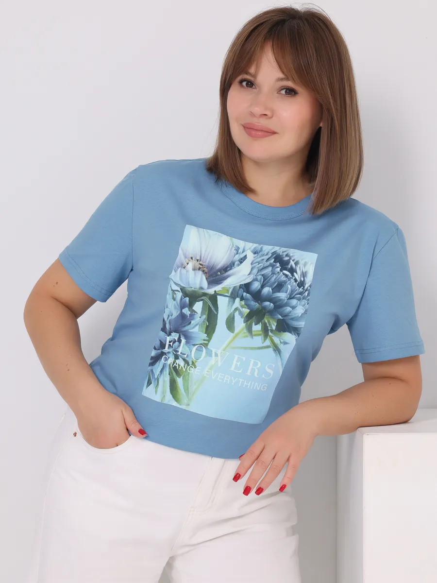 Футболка голубая с принтом хлопок 100%