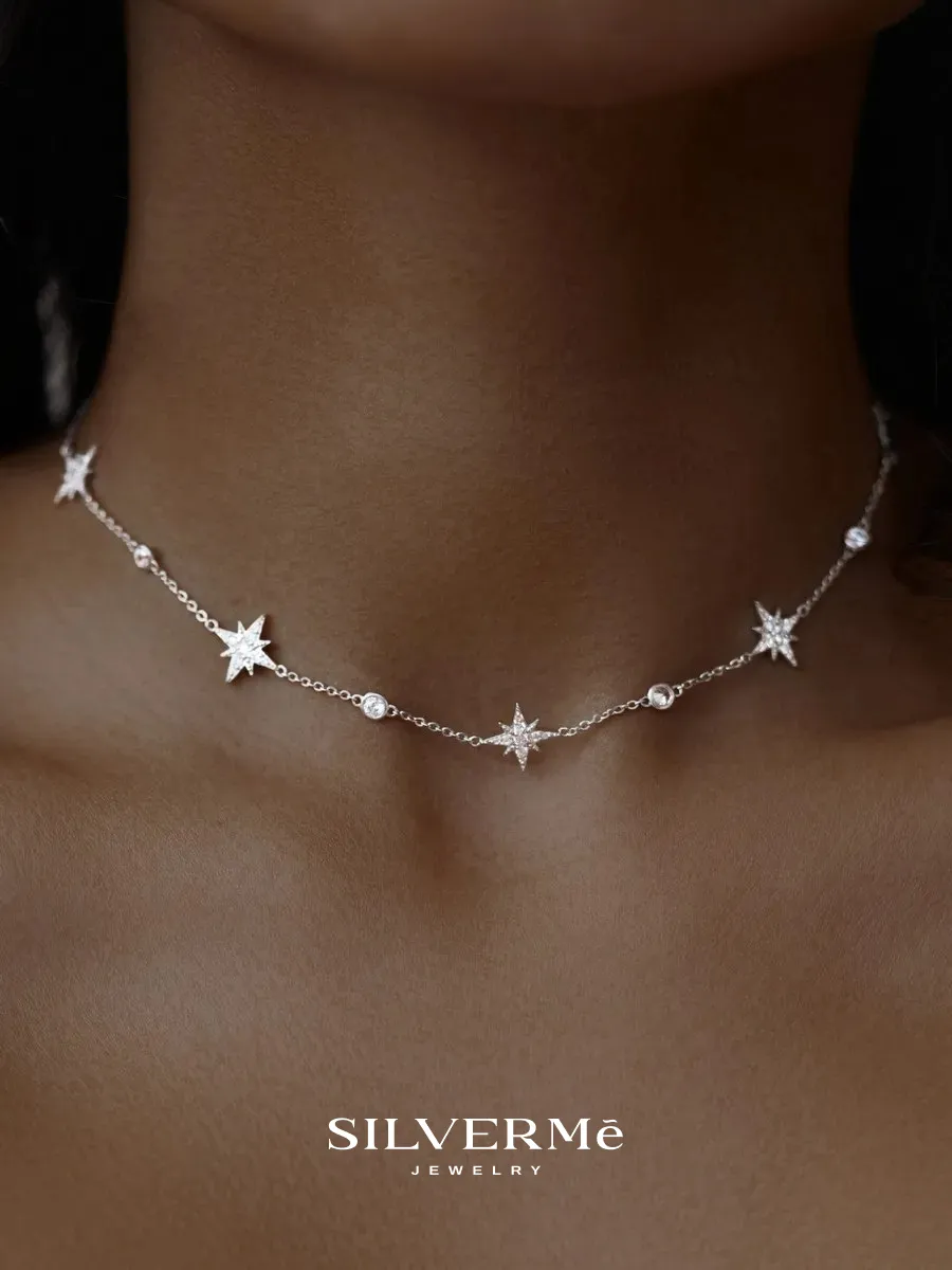 Колье цепочка с подвесками звезды с камушками серебро 925