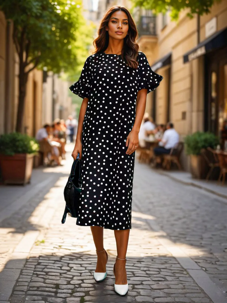 Платье повседневное офис в горох большие размеры свободное