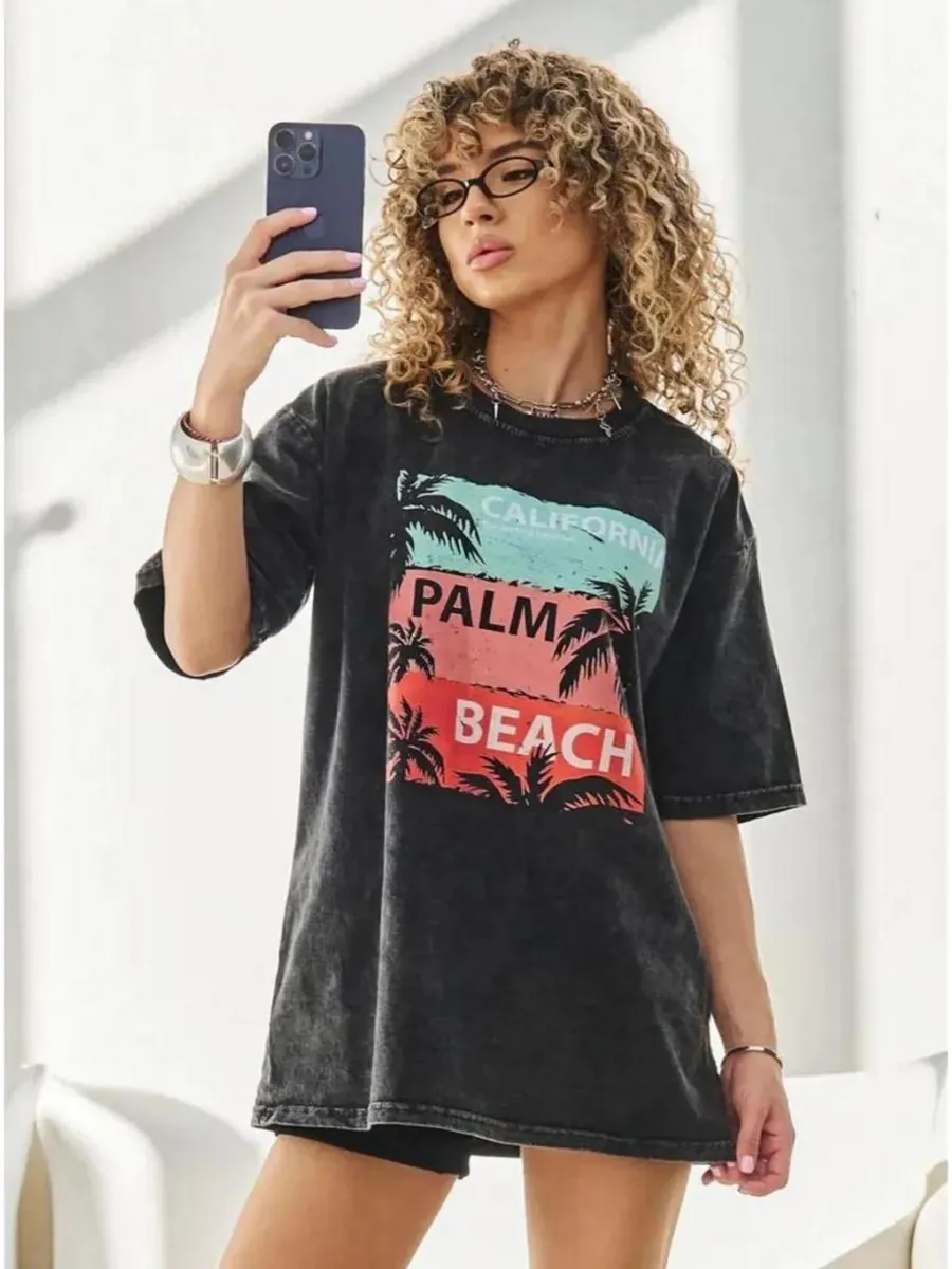 Футболка черная оверсайз с принтом удлиненная хлопок