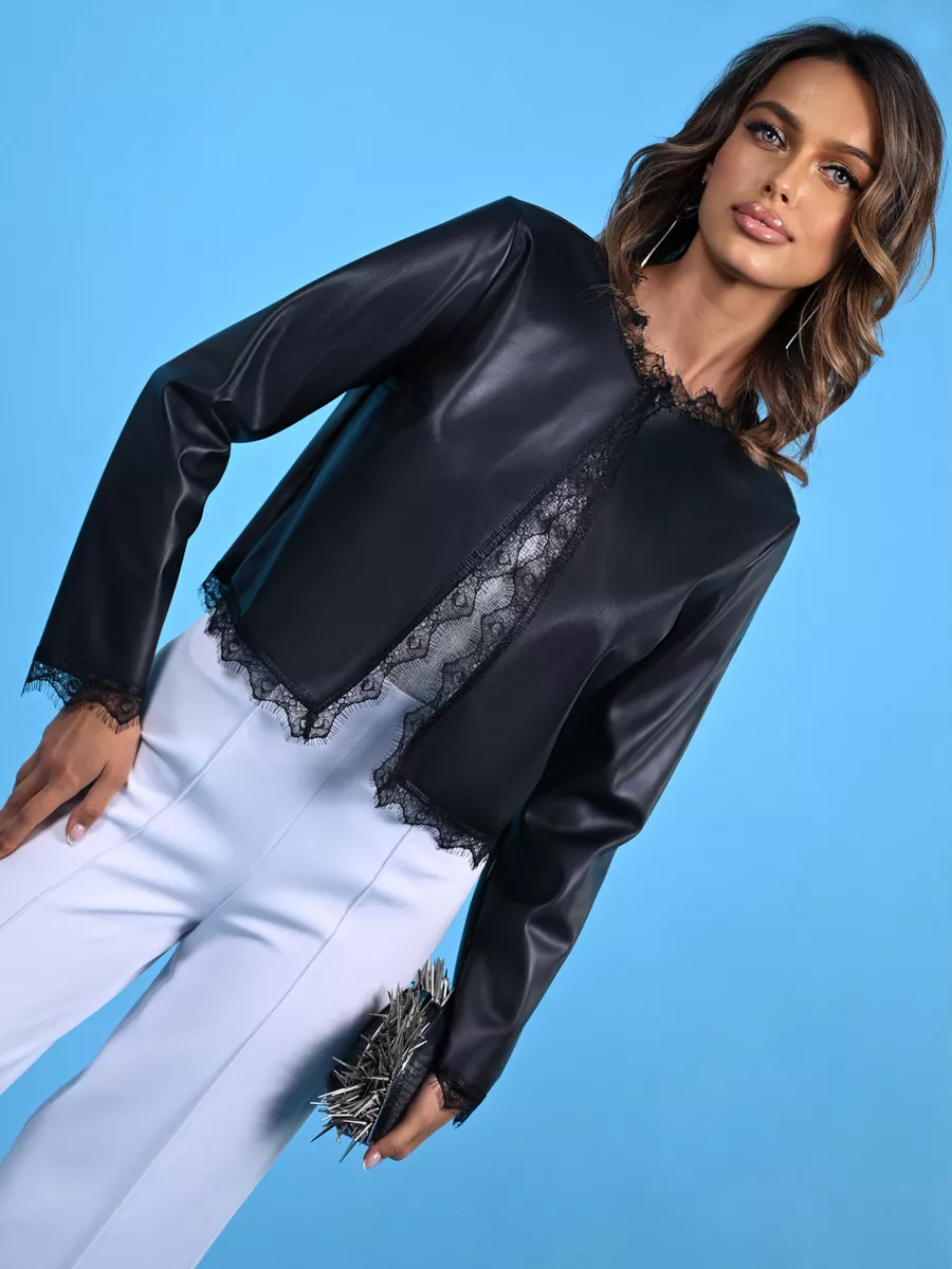 Болеро вечернее с кружевом экокожа жакет укороченный