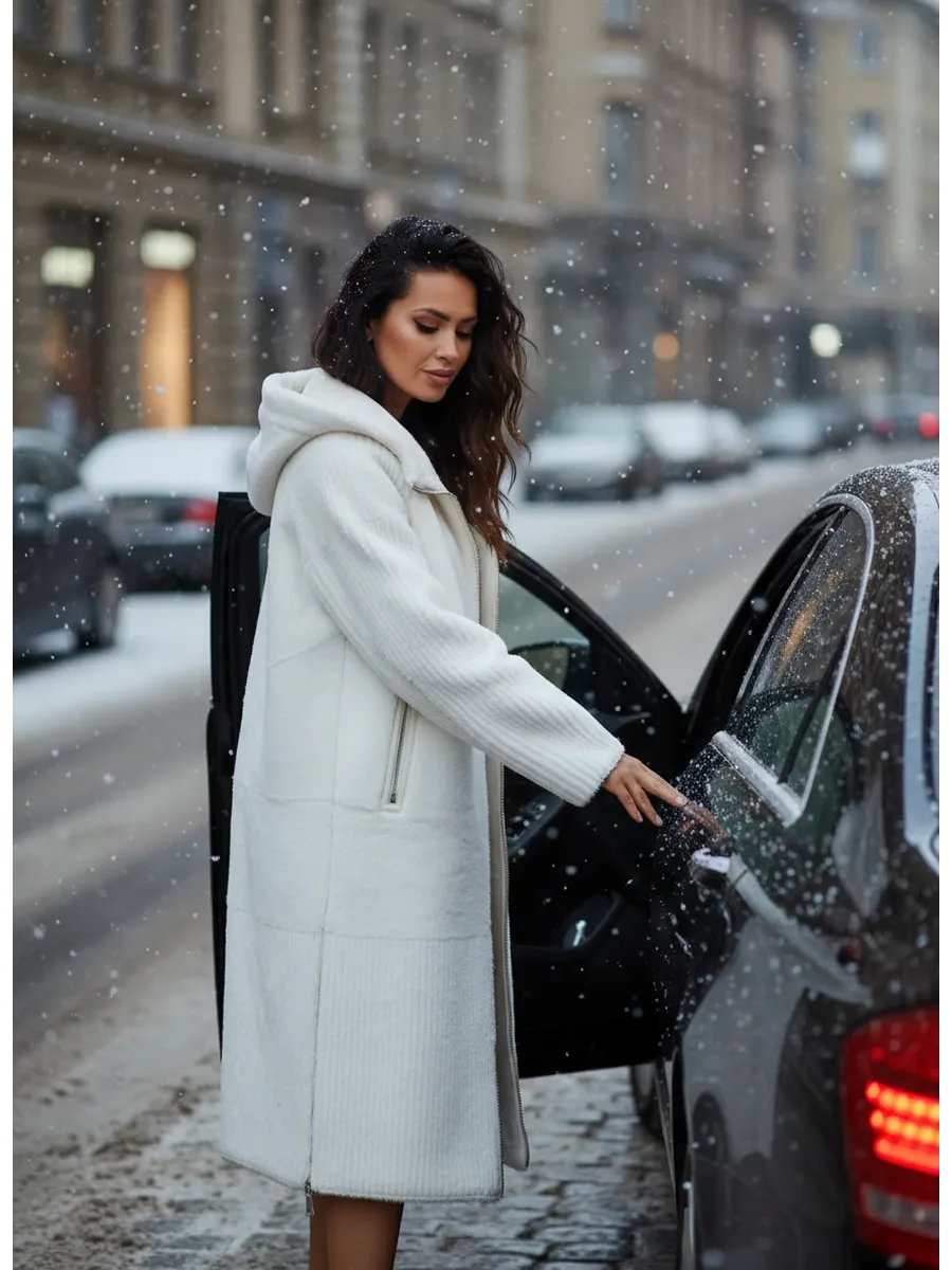 Дубленка двусторонняя длинная с капюшоном осень