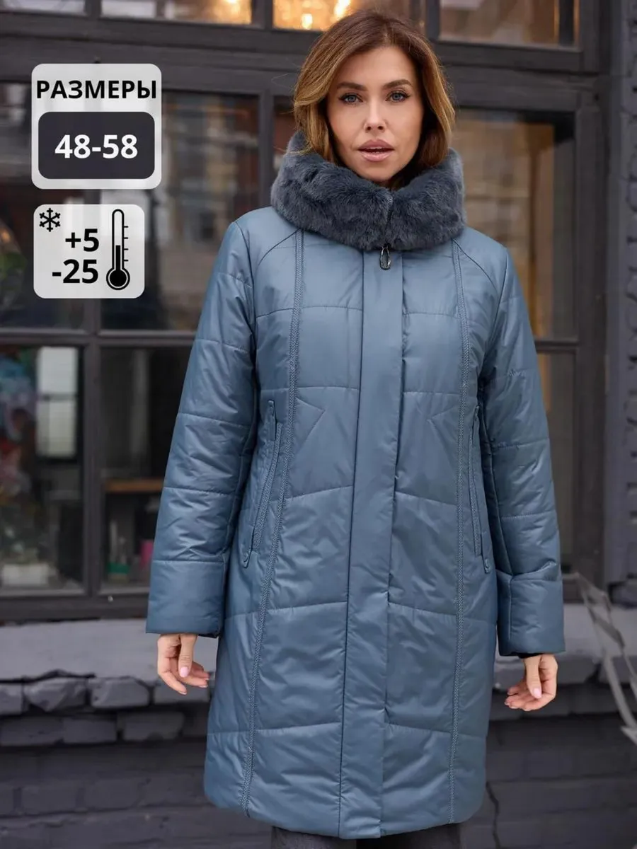 Пуховик зимний длинный с мехом и капюшоном больших размеров