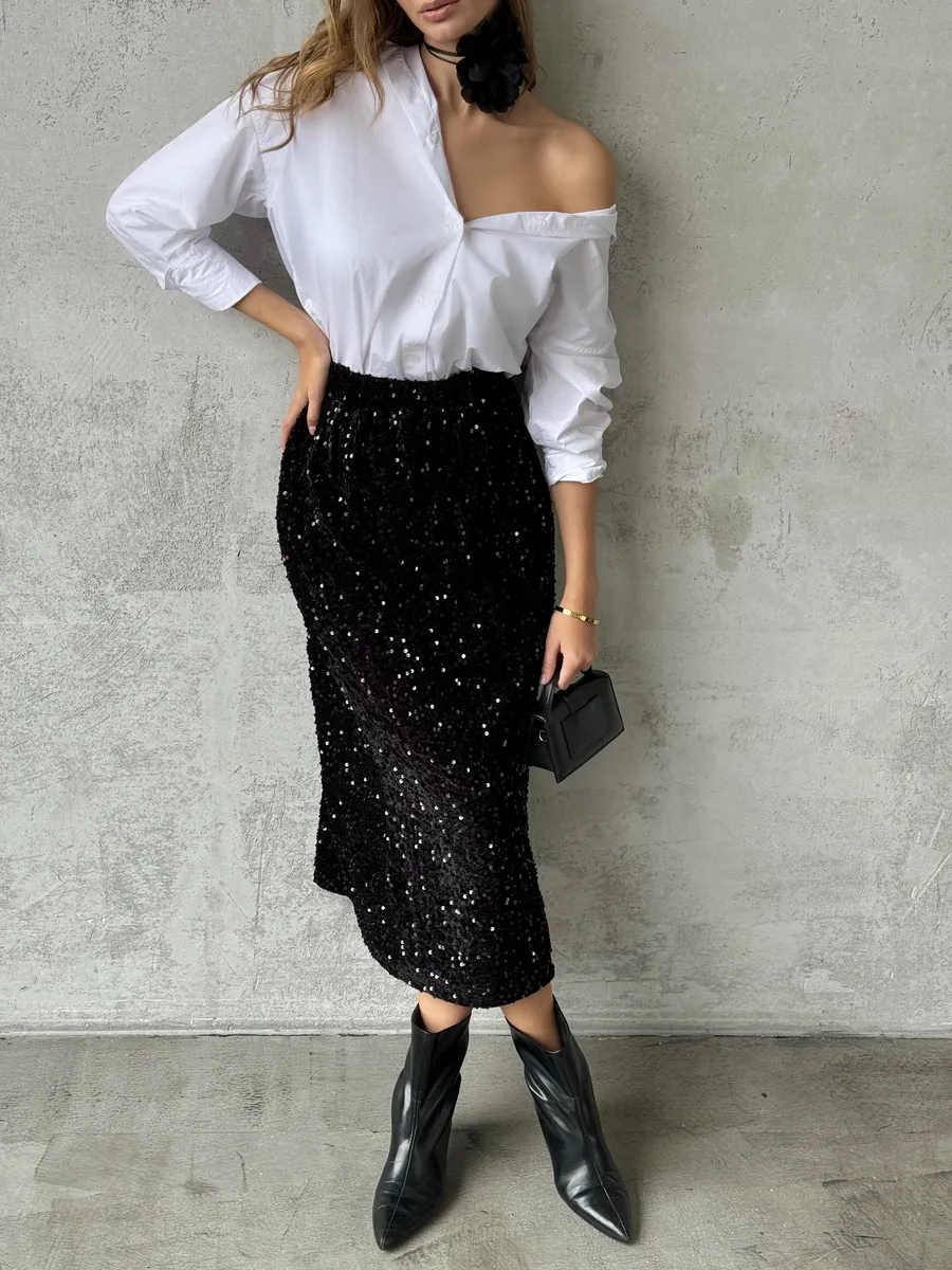 Юбка длинная на резинке с пайетками