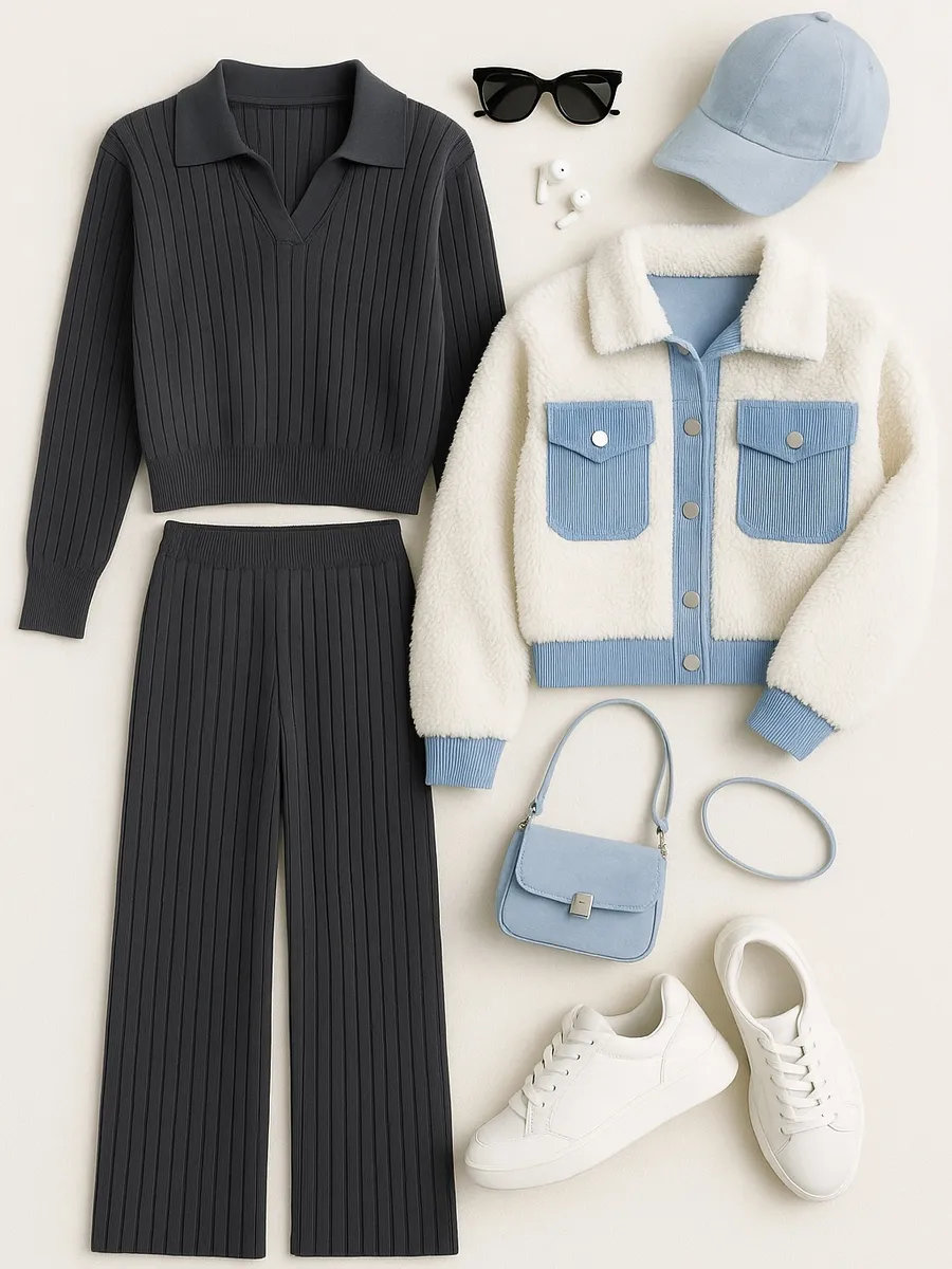 Трикотажный брючный костюм теплый вязаный осень зима