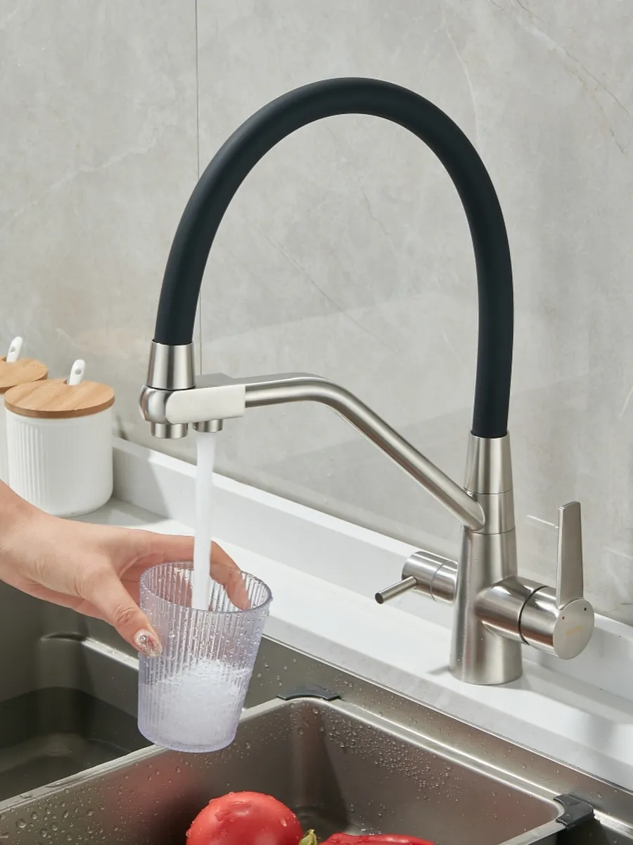 Смеситель для кухни с двойным гибким изливом и фильтром