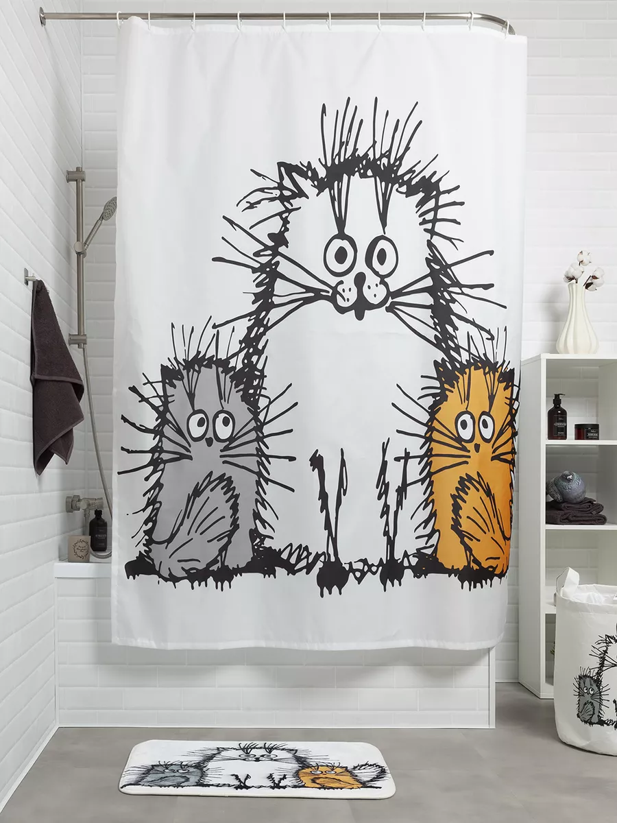 Штора для ванной тканевая 180х200 Мохнатые коты