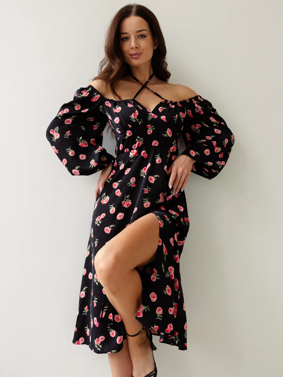 Платье вечернее летнее с разрезом в цветочек