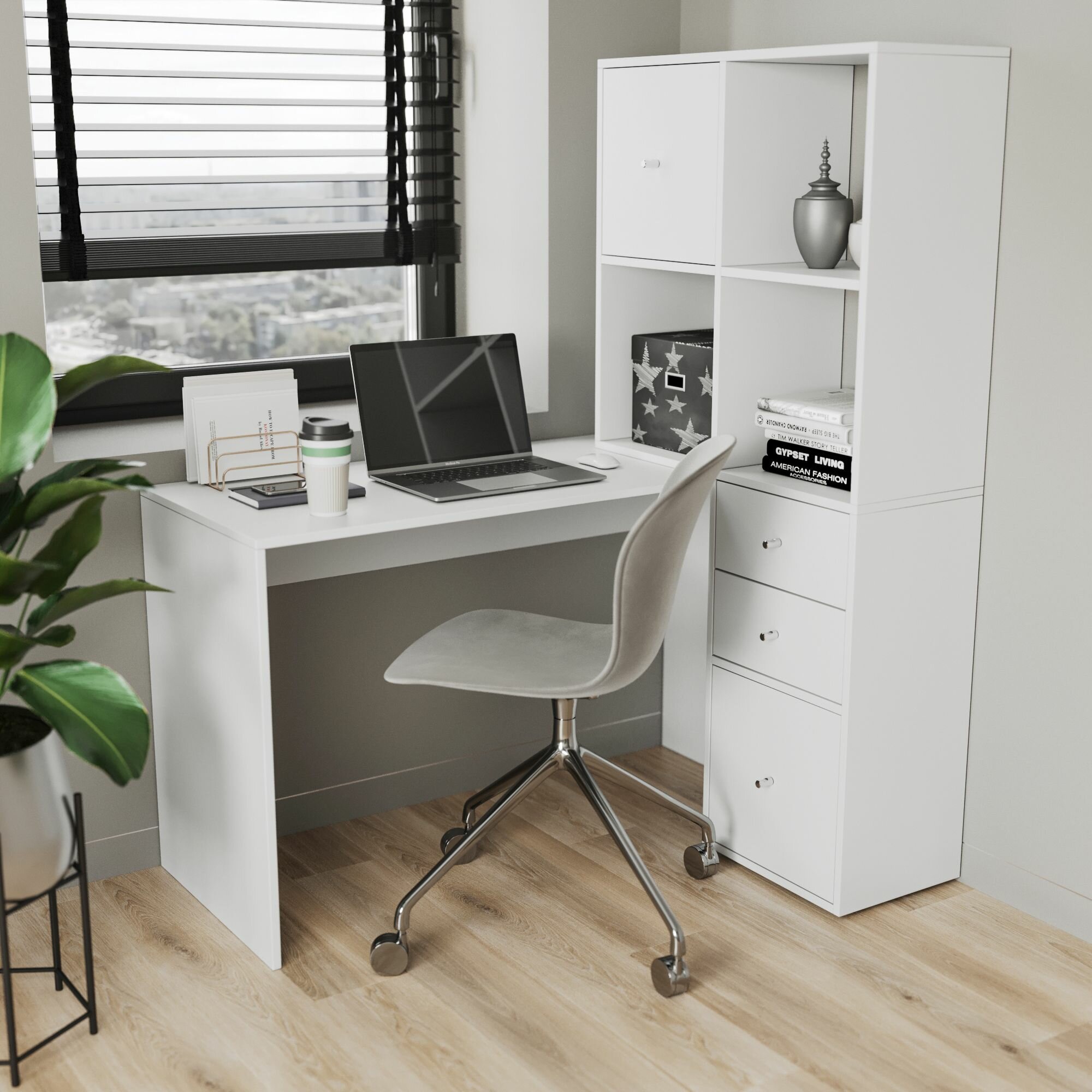 Стол компьютерный угловой стеллаж с полками и ящиками белый