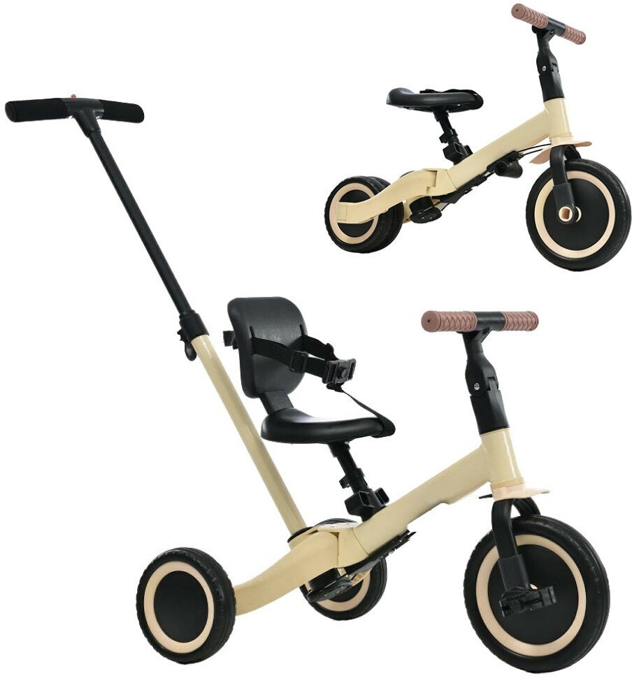 Детский беговел-велосипед 4в1 с родительской ручкой, бежевый - T R007- BEIGE