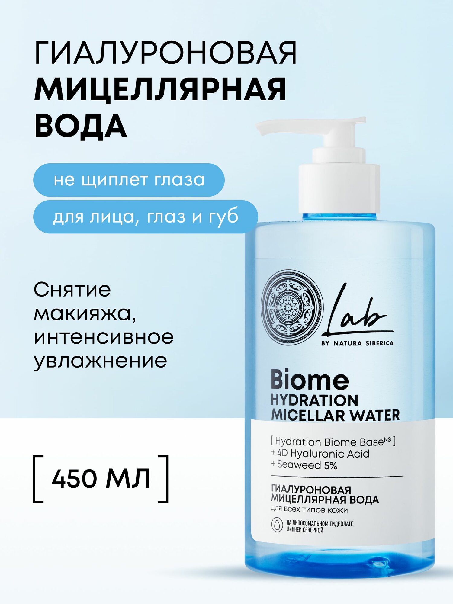 Natura Siberica Lab Biome Hydration Гиалуроновая мицеллярная вода для снятия макияжа для всех типов кожи очищающая 450 мл