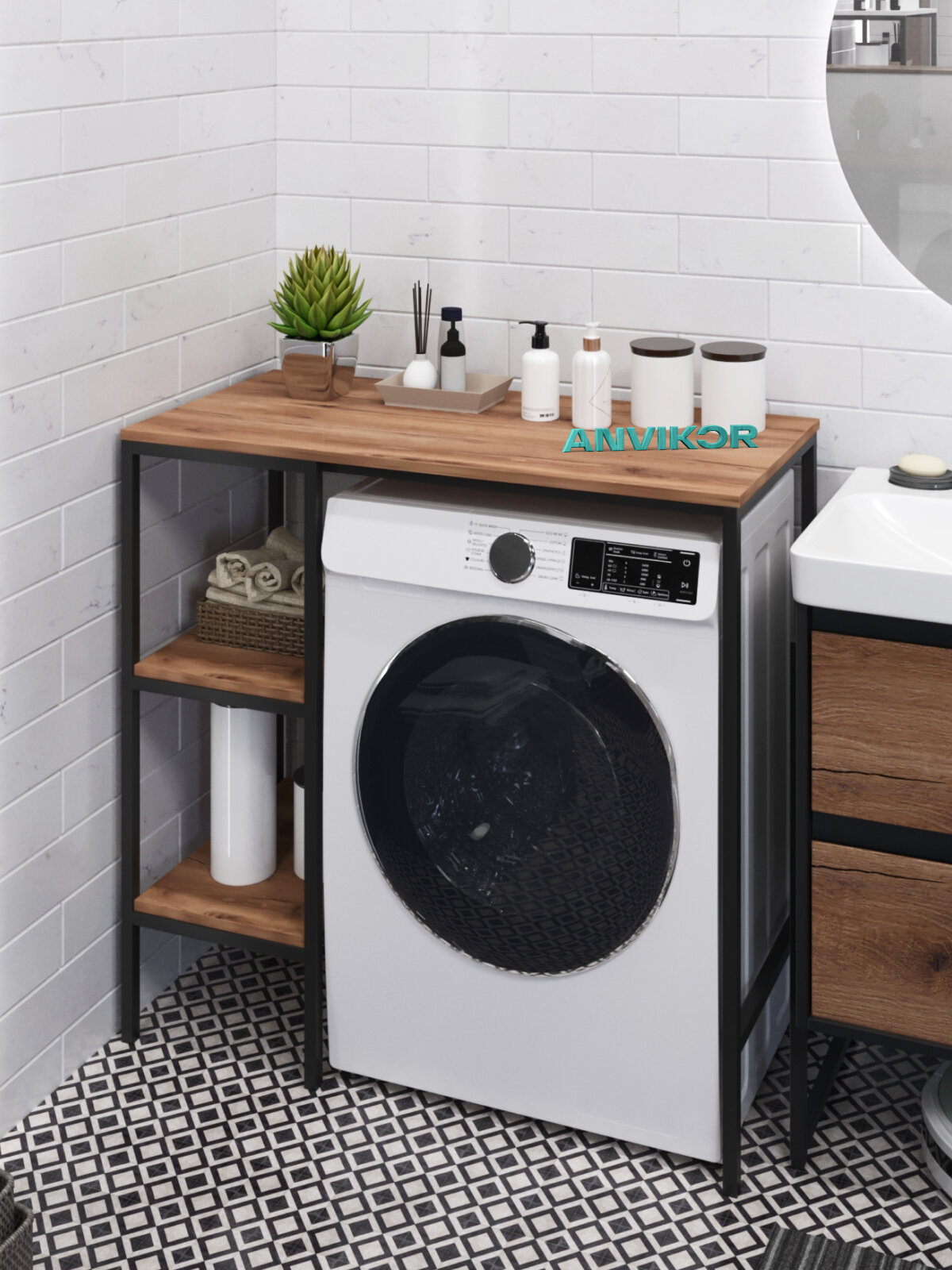 Металлический стеллаж для стиральной машины для ванной и кухни в стиле лофт Сомма черный/коричневый