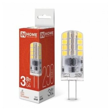 Лампа светодиодная LED- JC 3 Вт капсульная прозрачная 4000 К нейтр. бел. G4 290лм 12 В IN HOME 4690612036021