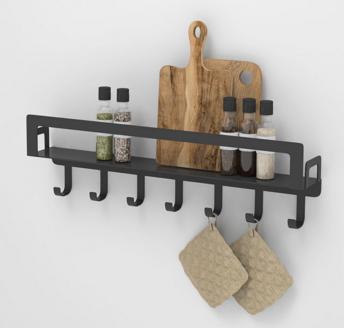 Полка для кухни металлическая с крючками Electric Light 49,5х7,5. Черная.