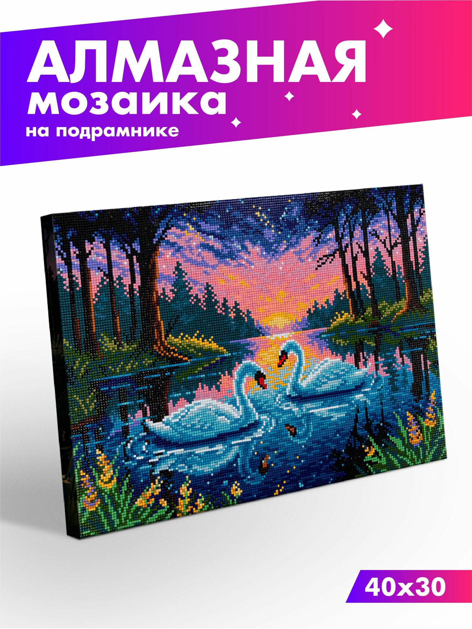 Алмазная (кристальная) мозаика на подрамнике 30х40 см Пара лебедей