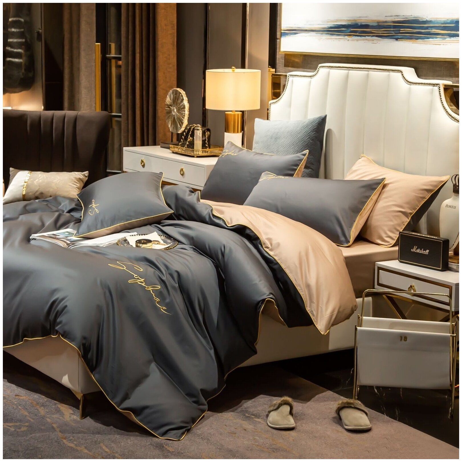 Постельное белье 2-спальное, двуспальное серый, бежевый Candies Сатин, Жатка простынь на резинке 160x200+25